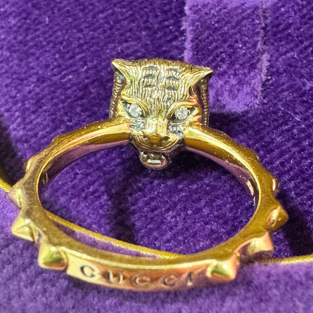 Gucci 18K Yellow Gold Le Marché des Merveilles Jade & Diamond Feline Head Ring. - Picture 7 of 8